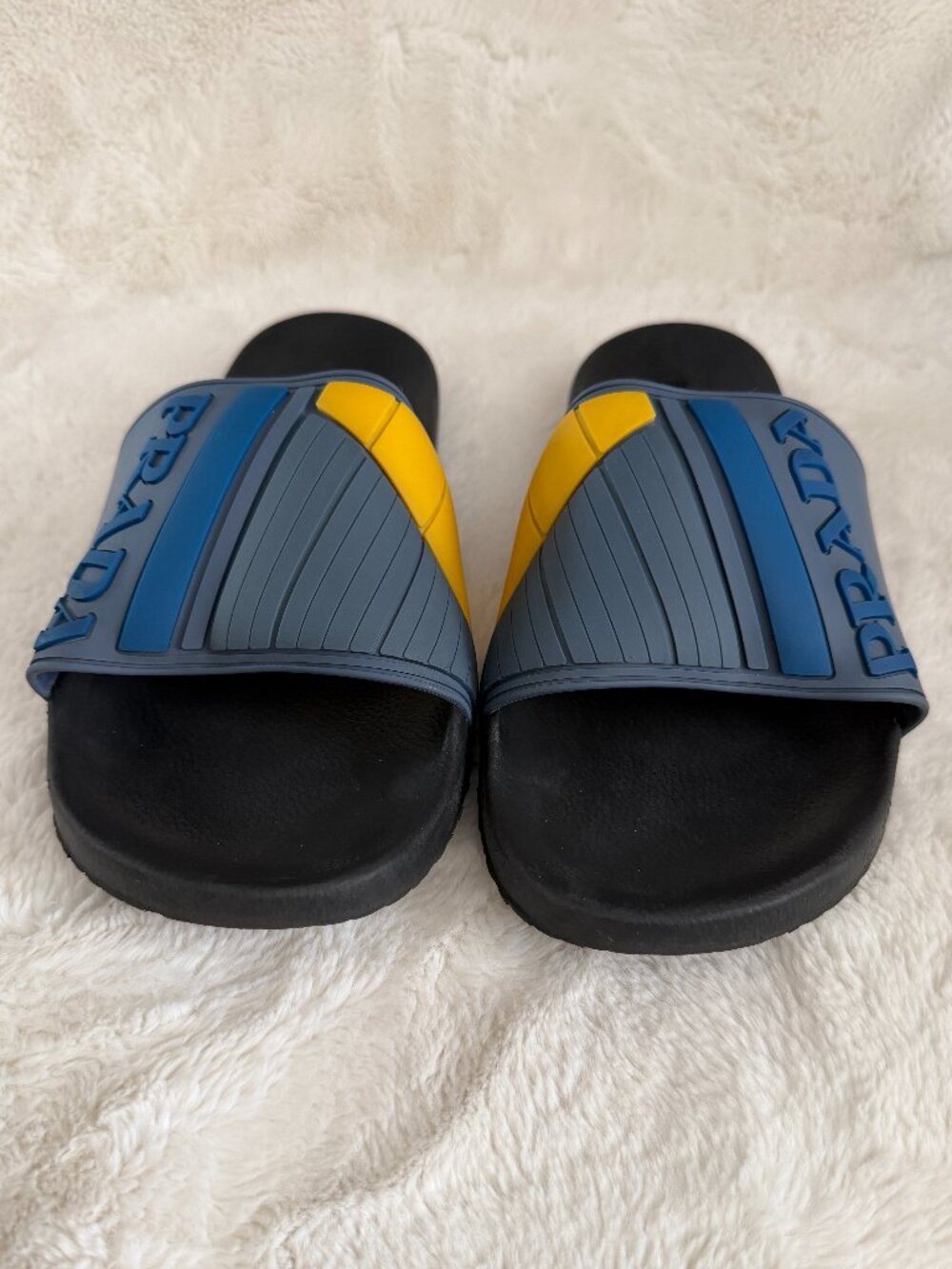 Prada Men's Blue & Yellow Rubber Logo Slides Sandals Size: 12 - Picture 3 of 14